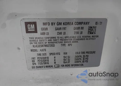 2021 Buick Encore Preferred z USA, uszkodzony, nr VIN KL4CJESM7MB372933